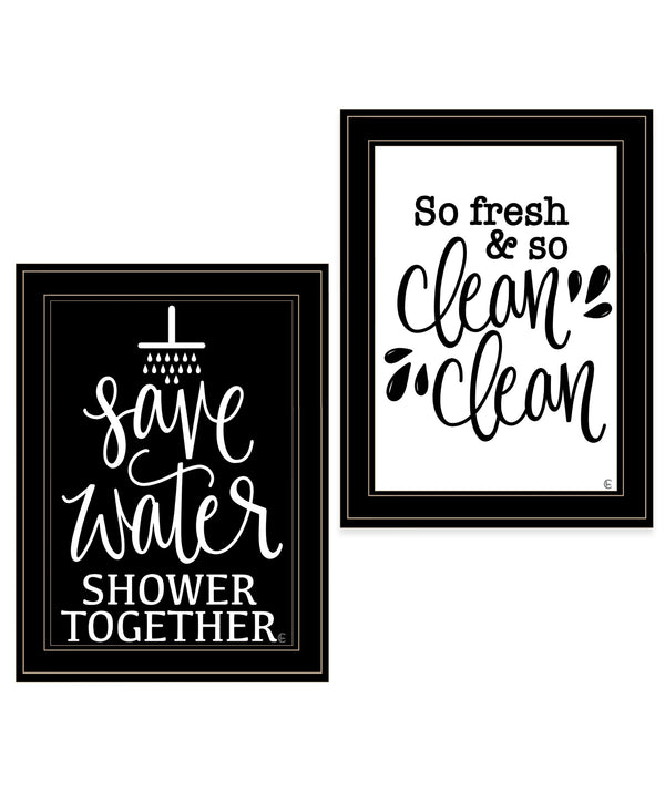 Homeroots Set Of Two Clean Or Shower Together Black Framed Print Bathroom Wall Art Black And Gold Wood Print 407996