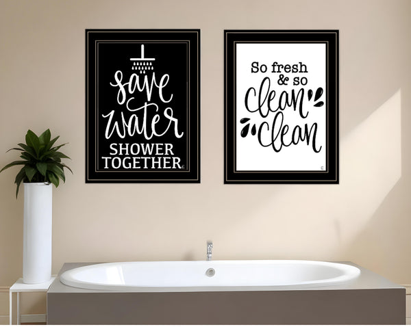 Homeroots Set Of Two Clean Or Shower Together Black Framed Print Bathroom Wall Art Black And Gold Wood Print 407996