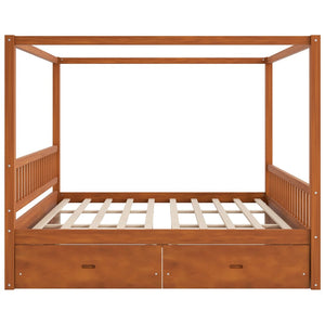 English Elm Wooden Canopy Queen Bed Solid Frame with Built-in Storage Drawers Slatted Base Walnut N7090005037L
