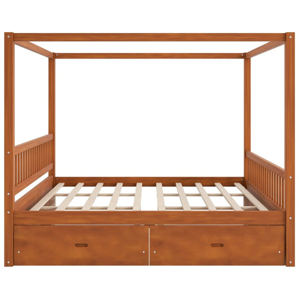 English Elm Wooden Canopy Queen Bed Solid Frame with Built-in Storage Drawers Slatted Base Walnut N7090005037L