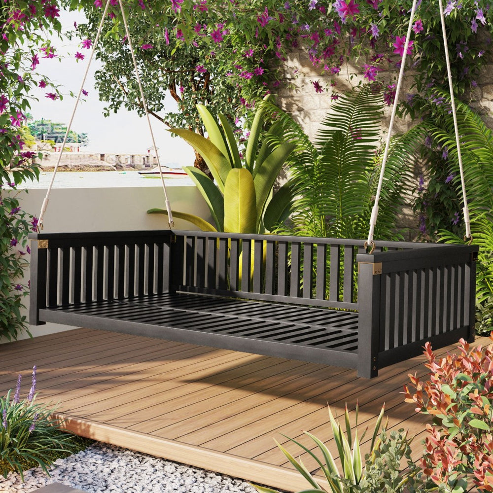 English Elm Topmax Acacia Wood Porch Swing Bed Sloped Frame Outdoor Lounger for Backyard Patio Black WF319383AAB