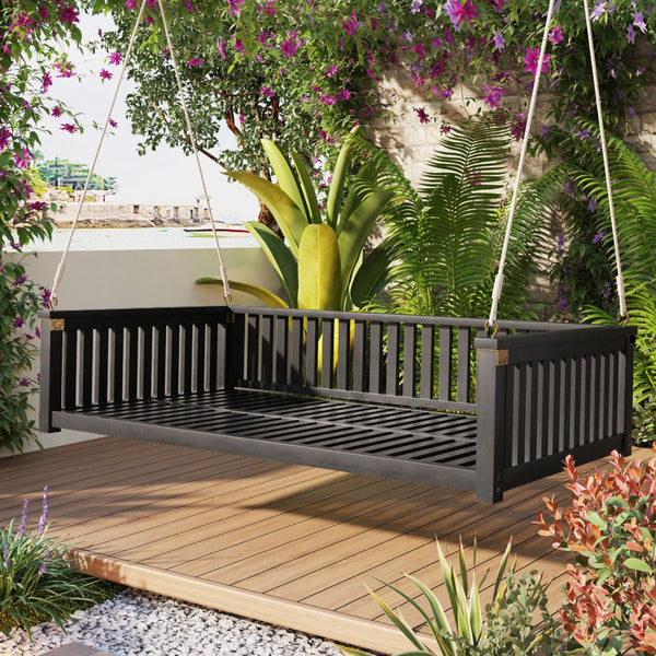 English Elm Topmax Acacia Wood Porch Swing Bed Sloped Frame Outdoor Lounger for Backyard Patio Black WF319383AAB