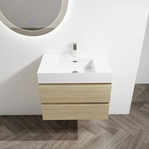 English Elm 30" Wall-Mounted Bathroom Vanity With Modern Resin Sink, Soft-Close Drawers, And Eco-Friendly Design W999S00197