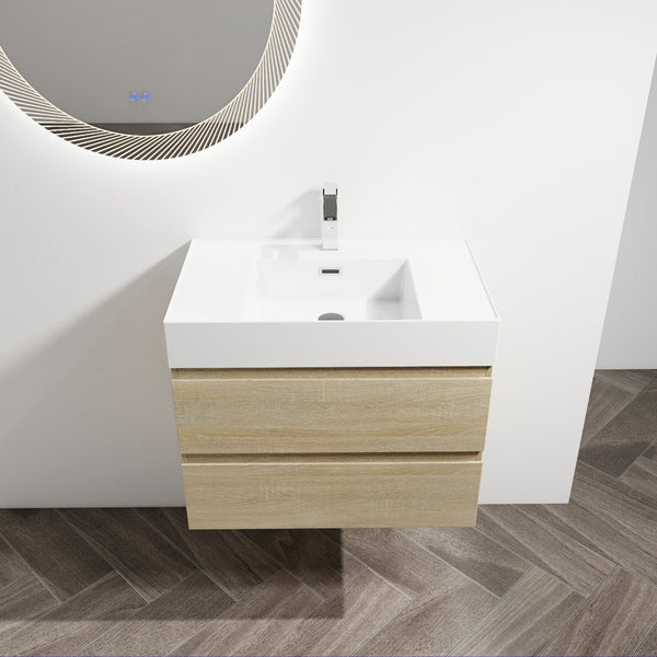 English Elm 30" Wall-Mounted Bathroom Vanity With Modern Resin Sink, Soft-Close Drawers, And Eco-Friendly Design W999S00197