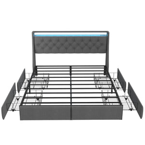 English Elm Queen Storage Platform Bed with Rgb Lighting Linen Headboard and Built-in Charging T3963P437337