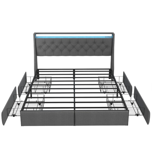 English Elm Queen Storage Platform Bed with Rgb Lighting Linen Headboard and Built-in Charging T3963P437337