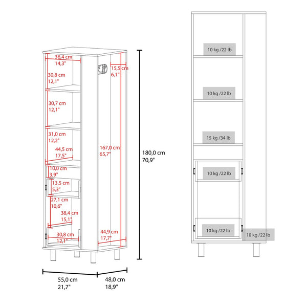 English Elm White Tall Broom Closet with Open Shelves Drawer and Full Length Door for Laundry Rooms B062S01877