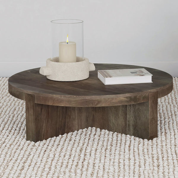English Elm Round Solid Mango Wood Coffee Table Brown - Modern Low Round Cocktail Table with Thick Top & Intersecting Slab Legs for Stylish Living Room Centerpiece B016P379357