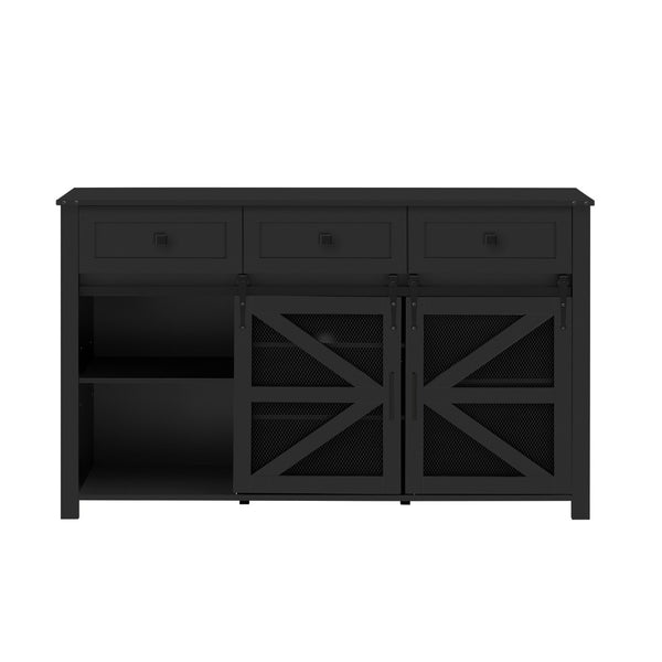 English Elm U_style Industrial Sideboard with Sliding Barn Doors Iron Mesh Panels and Three Drawers Black N711P347384B
