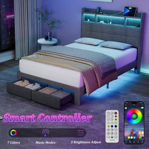 English Elm Full LED Linen Bed Frame with Headboard Storage, 2 Drawers, Fast Charging Ports & Nightlight Ambiance W1550P190364