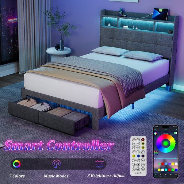 English Elm Full LED Linen Bed Frame with Headboard Storage, 2 Drawers, Fast Charging Ports & Nightlight Ambiance W1550P190364
