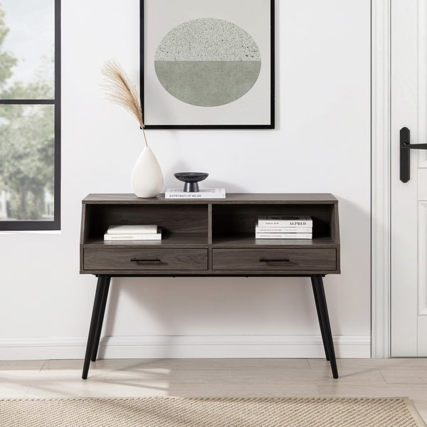 English Elm Walker Edison - Contemporary 2-Drawer Angled Entry Table Slate Grey — Warp-Resistant MDF, Tapered Metal Legs, Storage B185P169023