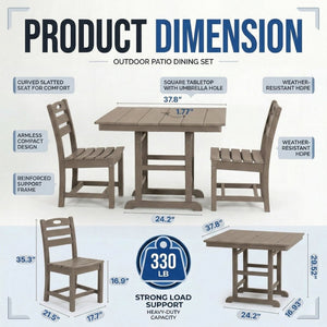 English Elm Antique Wood Tone Hdpe 3 Piece Outdoor Bistro Set Square Table Two Matching Chairs Antique Brown W3566S00041