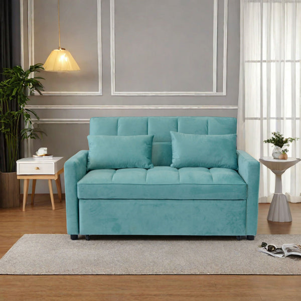 English Elm 55.2" Velvet Two Seater Sofa Bed with Adjustable Backrest, 3 USB Ports, Side Pockets, Space-Saving Lounge (Peacock Blue) W1183138561