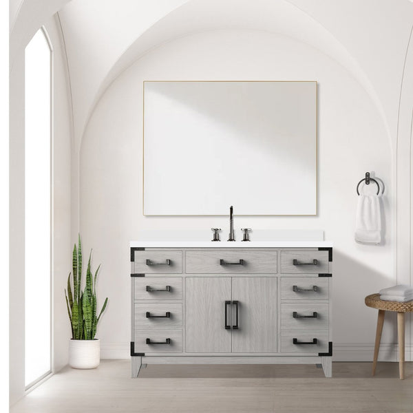 English Elm White Oak Single Bath Vanity Set With Cultured Marble Top, Large Mirror & Ample Storage Solutions B2731S01470-GIGA