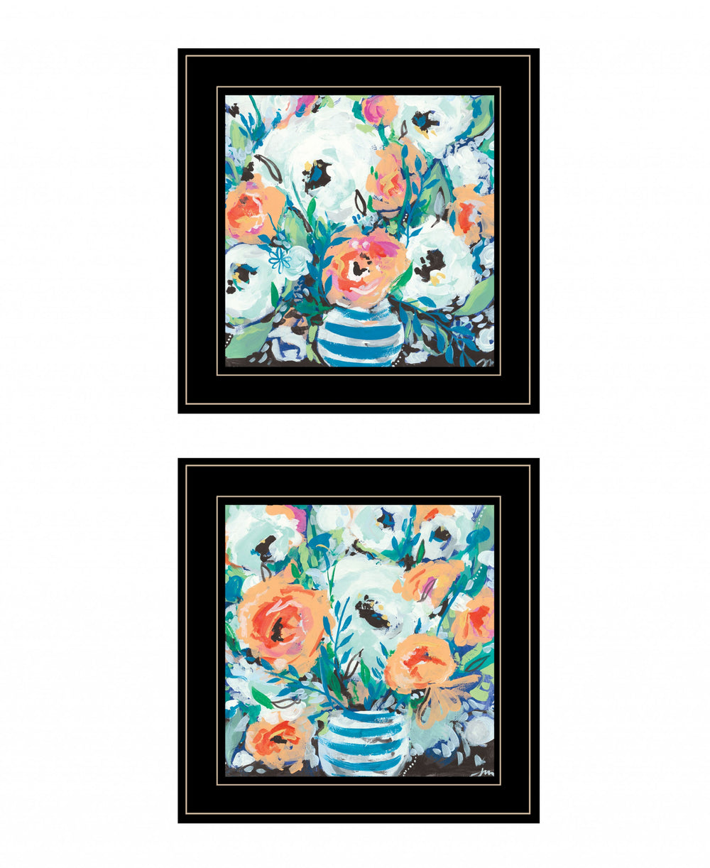 Homeroots Set Of Two Fancy Floral 3 Black Framed Print Wall Art  Wood Print 408002