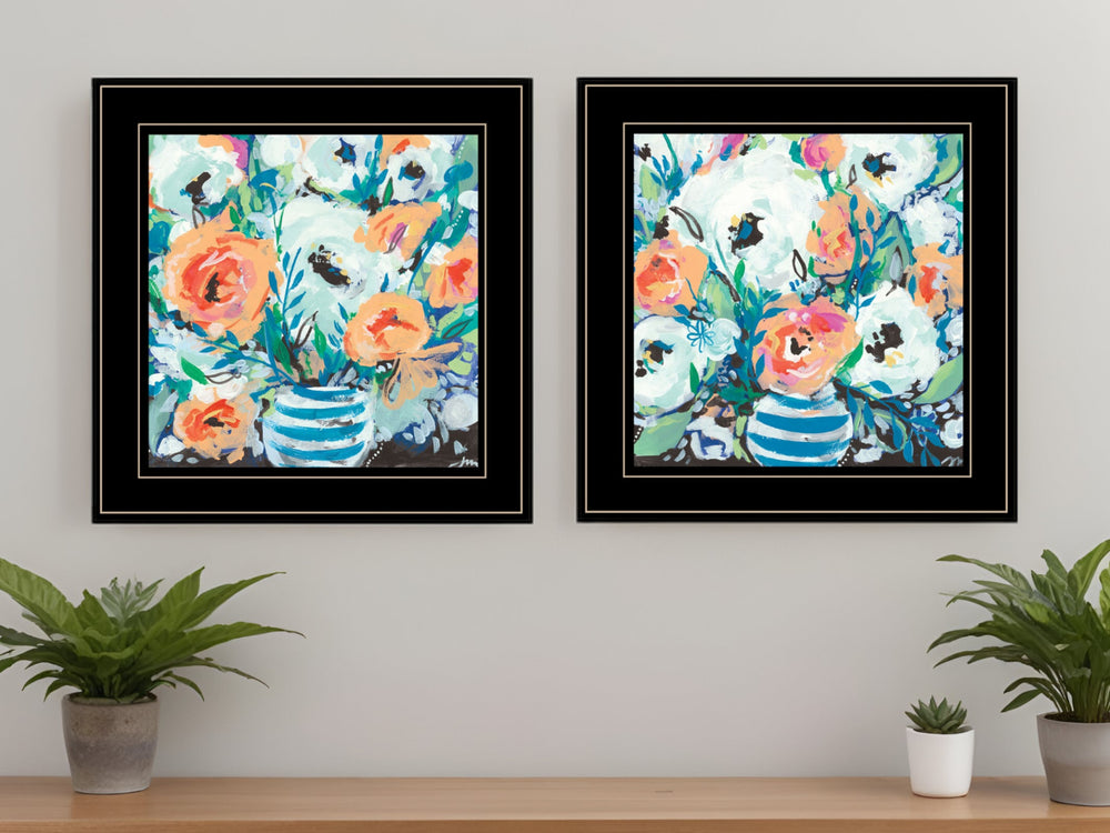 Homeroots Set Of Two Fancy Floral 3 Black Framed Print Wall Art  Wood Print 408002