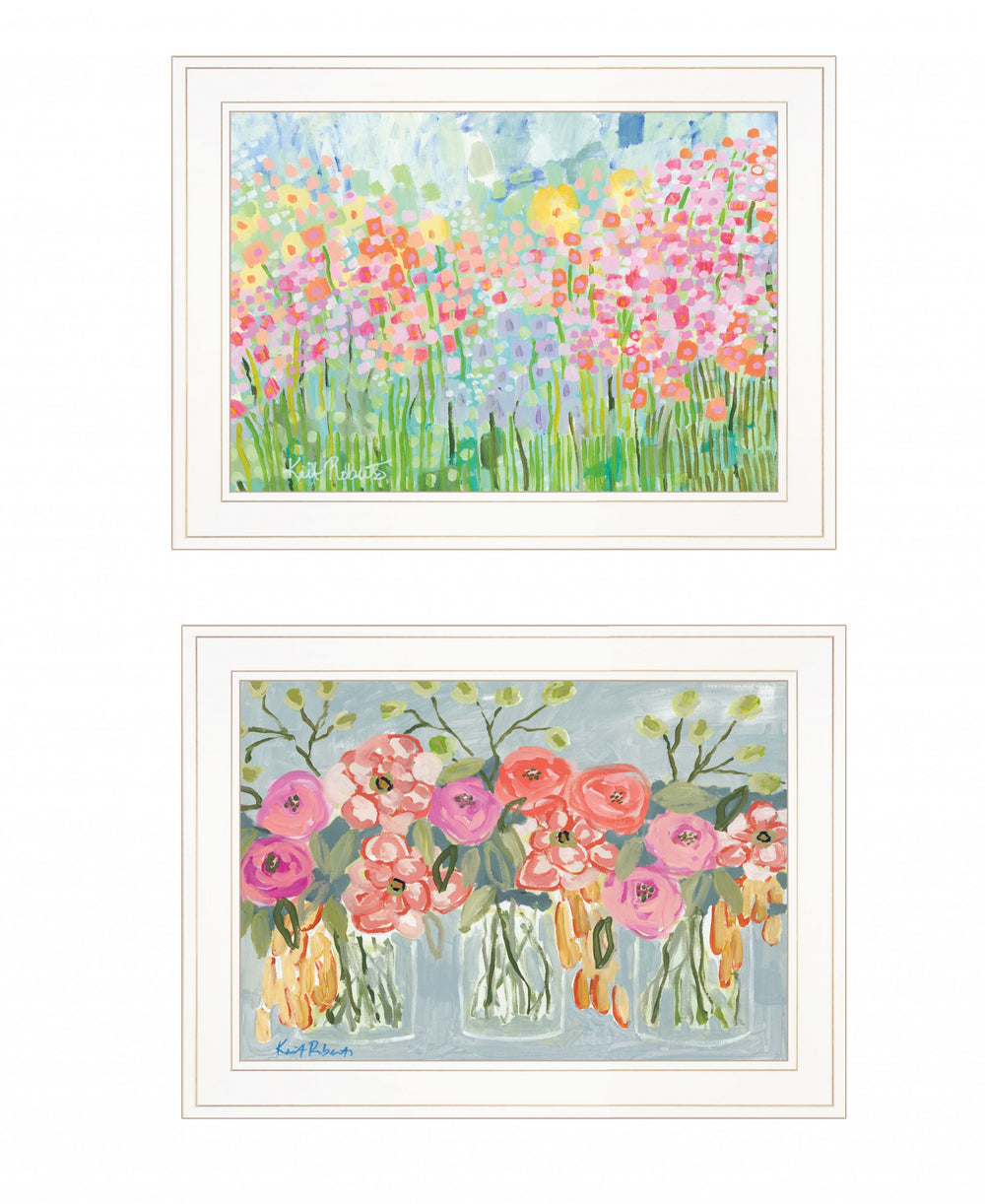Homeroots Set Of Two Garden Flowers Ii 2 White Framed Print Wall Art  Wood Print 408004