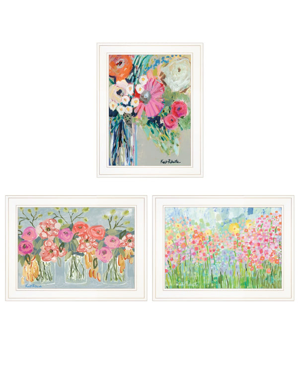 HomeRoots Set of Three Garden Floral Prints in Rustic Frames - Perfect Wall Art for Modern Farmhouse Decor White and Gold 408006