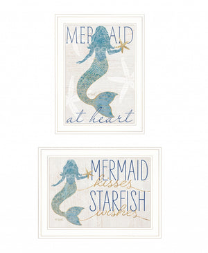 HomeRoots Set of Two Mermaids Coastal Wall Art Prints in White Frames – Rustic Charm for Any Room Decor 408008