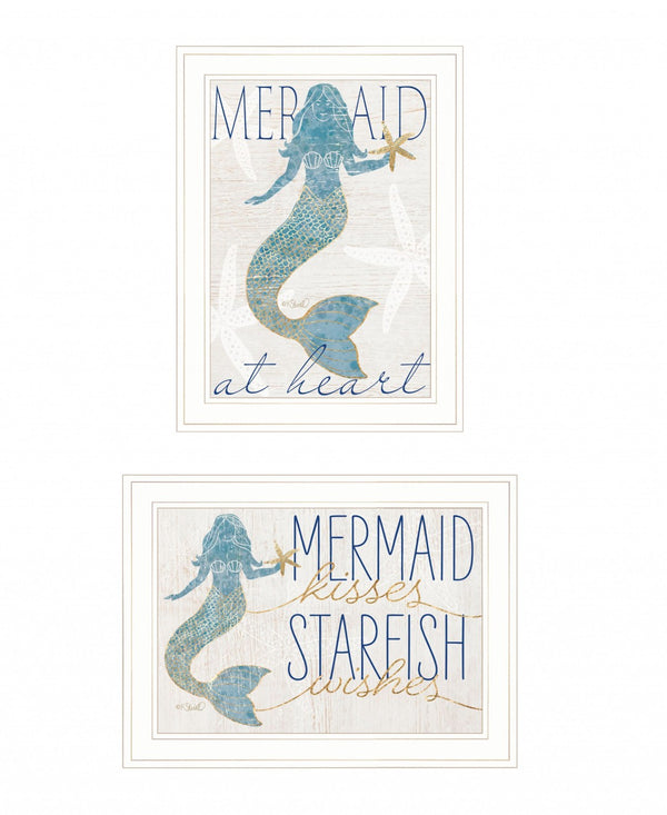 HomeRoots Set of Two Mermaids Coastal Wall Art Prints in White Frames – Rustic Charm for Any Room Decor 408008