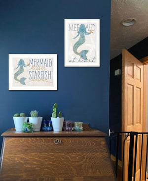 HomeRoots Set of Two Mermaids Coastal Wall Art Prints in White Frames – Rustic Charm for Any Room Decor 408008