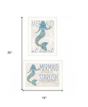HomeRoots Set of Two Mermaids Coastal Wall Art Prints in White Frames – Rustic Charm for Any Room Decor 408008