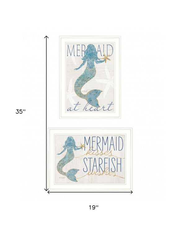 HomeRoots Set of Two Mermaids Coastal Wall Art Prints in White Frames – Rustic Charm for Any Room Decor 408008