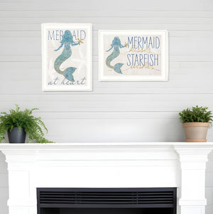 HomeRoots Set of Two Mermaids Coastal Wall Art Prints in White Frames – Rustic Charm for Any Room Decor 408008