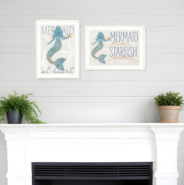 HomeRoots Set of Two Mermaids Coastal Wall Art Prints in White Frames – Rustic Charm for Any Room Decor 408008