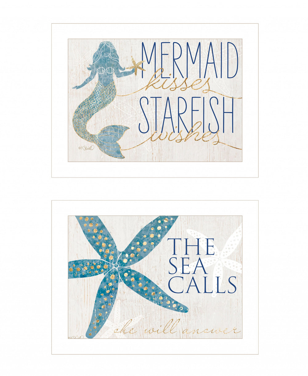 Homeroots Set Of Two Mermaid Kisses Starfish Wishes 1 White Framed Print Wall Art  Wood Print 408009