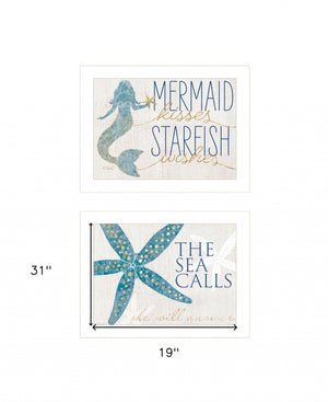 Homeroots Set Of Two Mermaid Kisses Starfish Wishes 1 White Framed Print Wall Art  Wood Print 408009