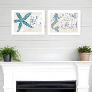 Homeroots Set Of Two Mermaid Kisses Starfish Wishes 1 White Framed Print Wall Art  Wood Print 408009