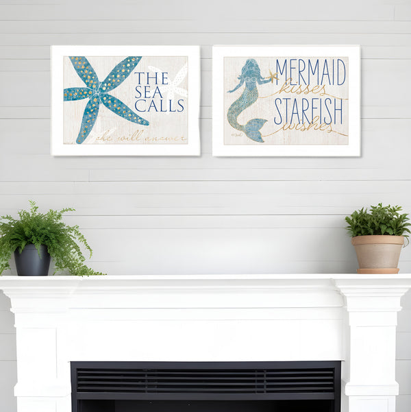 Homeroots Set Of Two Mermaid Kisses Starfish Wishes 1 White Framed Print Wall Art  Wood Print 408009