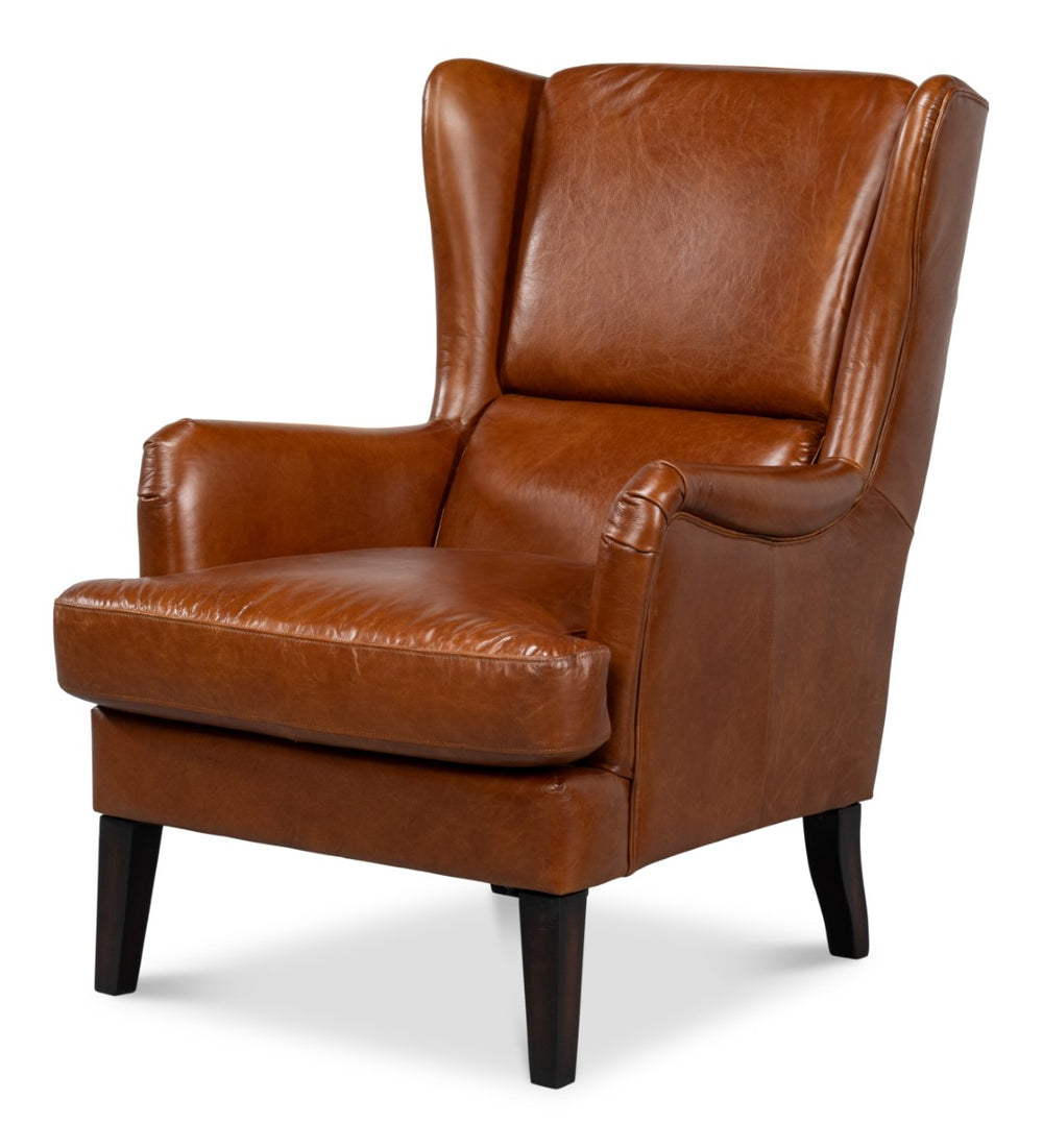 Sarreid Elite Wing Lounge Chair - Vintage Havana Leather With Rubber Wood Frame For Timeless Elegance Brown  40801