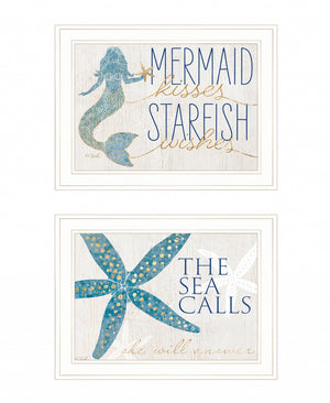 HomeRoots Set of Two Mermaid Kisses Starfish Wishes Framed Wall Art for Coastal Farmhouse Decor Charm White and Gold 408010