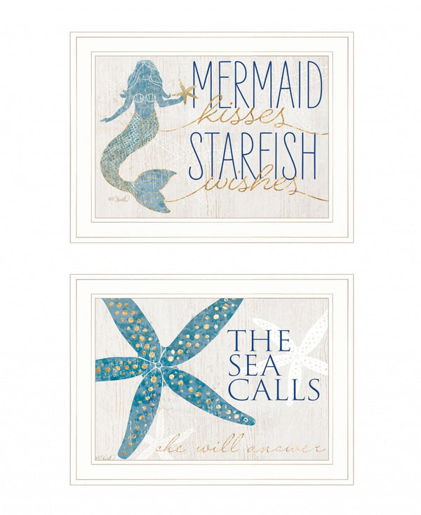 HomeRoots Set of Two Mermaid Kisses Starfish Wishes Framed Wall Art for Coastal Farmhouse Decor Charm White and Gold 408010