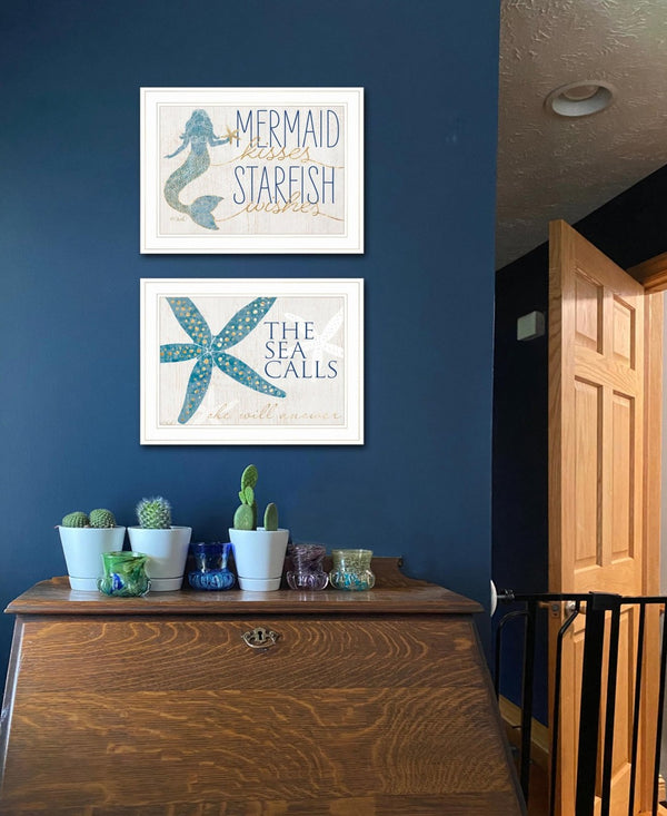 HomeRoots Set of Two Mermaid Kisses Starfish Wishes Framed Wall Art for Coastal Farmhouse Decor Charm White and Gold 408010