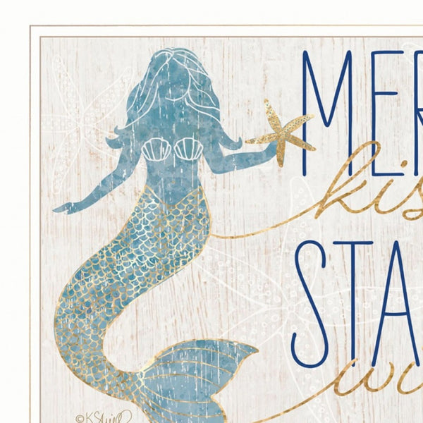 HomeRoots Set of Two Mermaid Kisses Starfish Wishes Framed Wall Art for Coastal Farmhouse Decor Charm White and Gold 408010