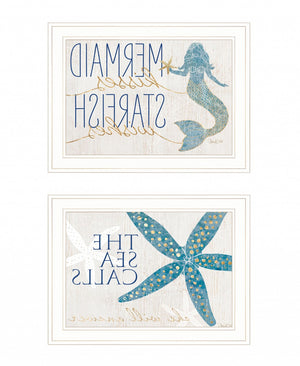 HomeRoots Set of Two Mermaid Kisses Starfish Wishes Framed Wall Art for Coastal Farmhouse Decor Charm White and Gold 408010