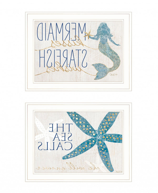 HomeRoots Set of Two Mermaid Kisses Starfish Wishes Framed Wall Art for Coastal Farmhouse Decor Charm White and Gold 408010