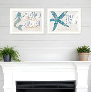 HomeRoots Set of Two Mermaid Kisses Starfish Wishes Framed Wall Art for Coastal Farmhouse Decor Charm White and Gold 408010