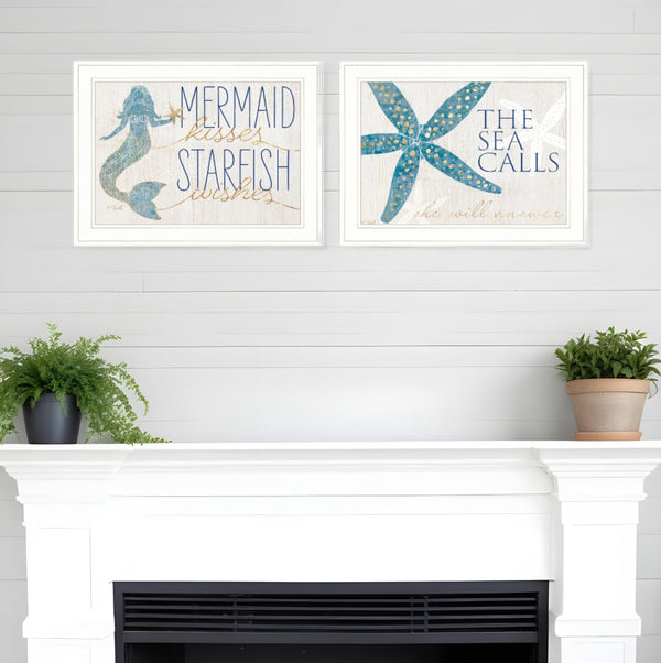 HomeRoots Set of Two Mermaid Kisses Starfish Wishes Framed Wall Art for Coastal Farmhouse Decor Charm White and Gold 408010