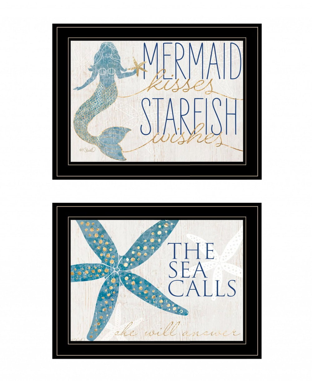 HomeRoots Set of Two Mermaid Kisses Starfish Wishes Framed Wall Art for Coastal Farmhouse Decor Charm Black and Gold 408011