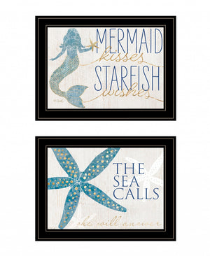 HomeRoots Set of Two Mermaid Kisses Starfish Wishes Framed Wall Art for Coastal Farmhouse Decor Charm Black and Gold 408011