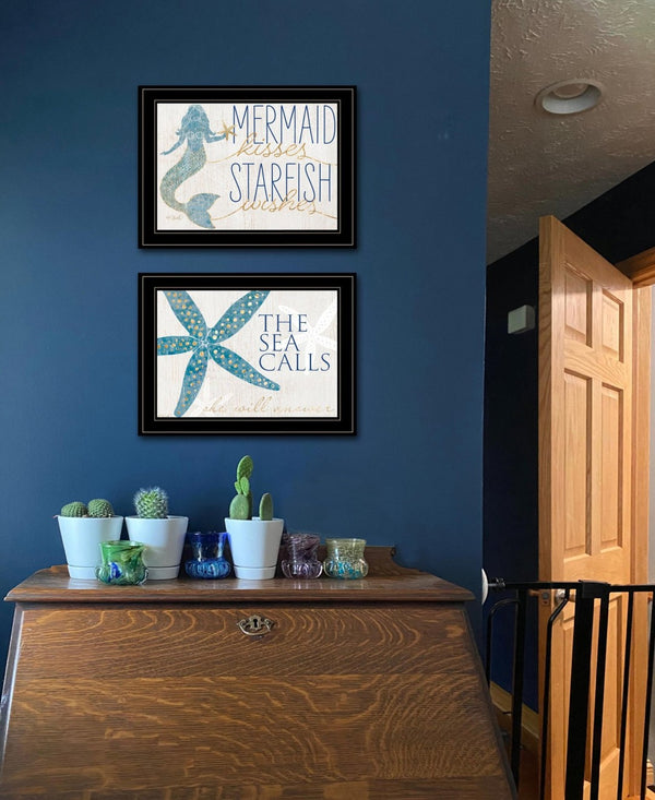 HomeRoots Set of Two Mermaid Kisses Starfish Wishes Framed Wall Art for Coastal Farmhouse Decor Charm Black and Gold 408011