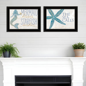 HomeRoots Set of Two Mermaid Kisses Starfish Wishes Framed Wall Art for Coastal Farmhouse Decor Charm Black and Gold 408011