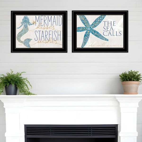 HomeRoots Set of Two Mermaid Kisses Starfish Wishes Framed Wall Art for Coastal Farmhouse Decor Charm Black and Gold 408011