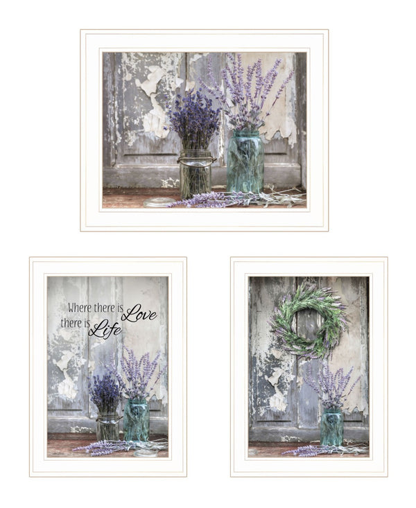 HomeRoots Set of Three Framed Lavender Floral Prints – Uplifting Wall Art for Farmhouse and Modern Decor White 408015