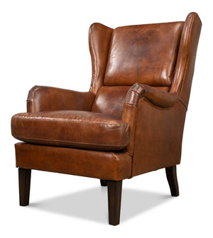 Sarreid Elite Wing Lounge Chair - Vintage Havana Leather With Rubber Wood Frame For Timeless Elegance Brown  40801